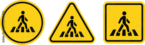 Pedestrian crossing sign. Silhouette man walking along crosswalk hazard symbol safety sign. Traffic road sign.
