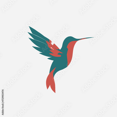Teal & red hummingbird in flight with distinct tail and pointed beak on white