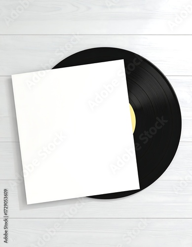 Blank vinyl record and cover on a light wood surface