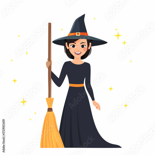 Charming young cartoon witch in a traditional black dress and pointed hat, holding a magic broomstick with a friendly smile, embodying a modern and cute Halloween character