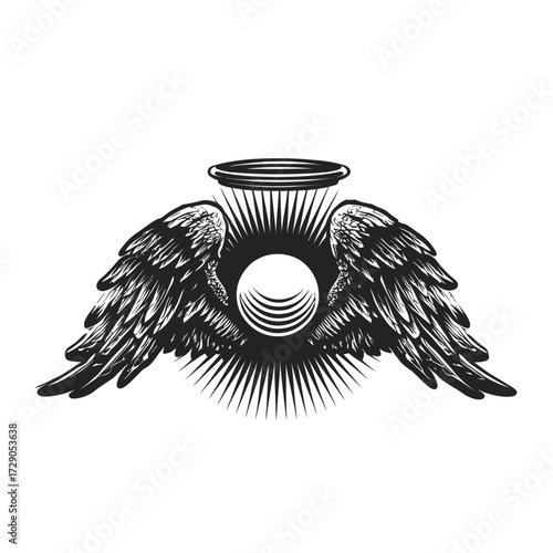 A stylized emblem features detailed wings flanking a sunburst with a central orb, and an upper halo