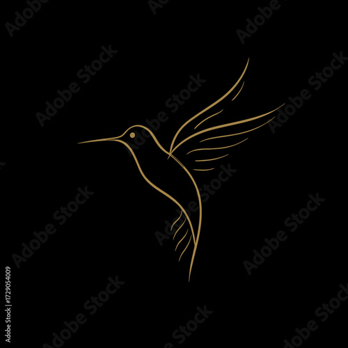 A gold linear drawing of a bird with outstretched wings against a black background, creating a simple design