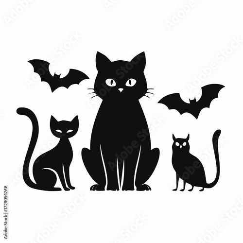 A creepy set of black cat and flying bat silhouettes. This spooky graphic illustration is isolated on a white background, perfect for Halloween decorations and designs