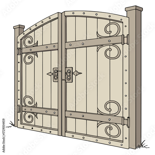 Illustration of a rustic wooden gate with ornamental iron scrollwork and metal details, perfect for vintage or medieval themed design projects.