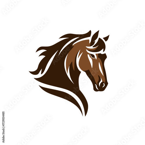 A brown horse's head and neck are depicted against a white background in a simplistic style