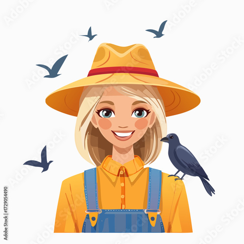 Cheerful blonde female farmer in a straw hat and overalls, smiling with a friendly crow on her shoulder and birds flying around. Vector illustration of a happy farm girl