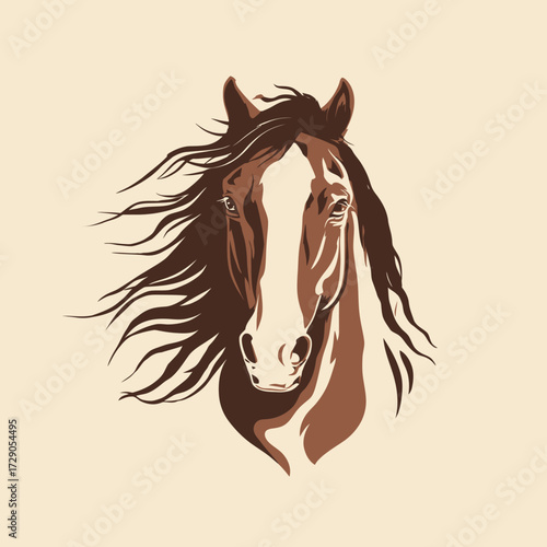 Horse head image with dark brown mane & white face on light beige background