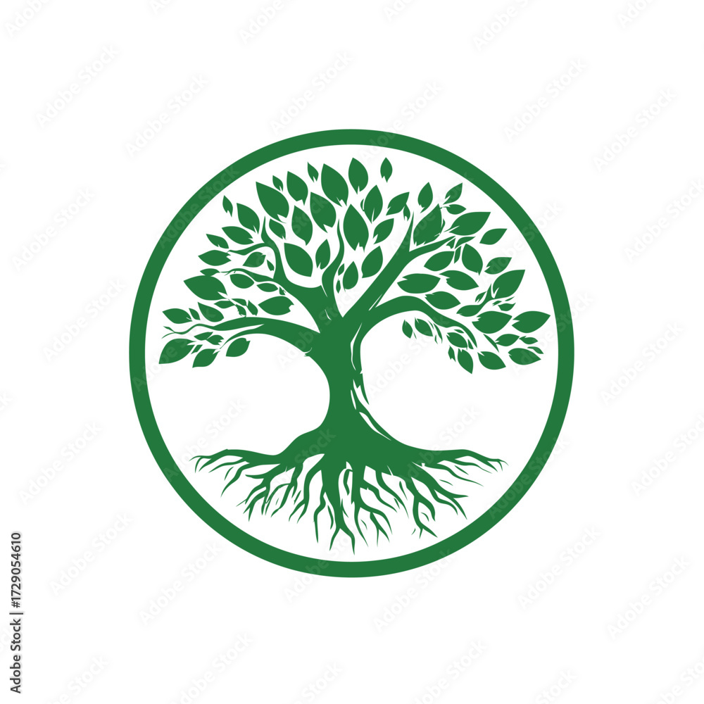 Obraz premium A stylized green tree illustration inside a circle, featuring roots, trunk, branches, and leaves