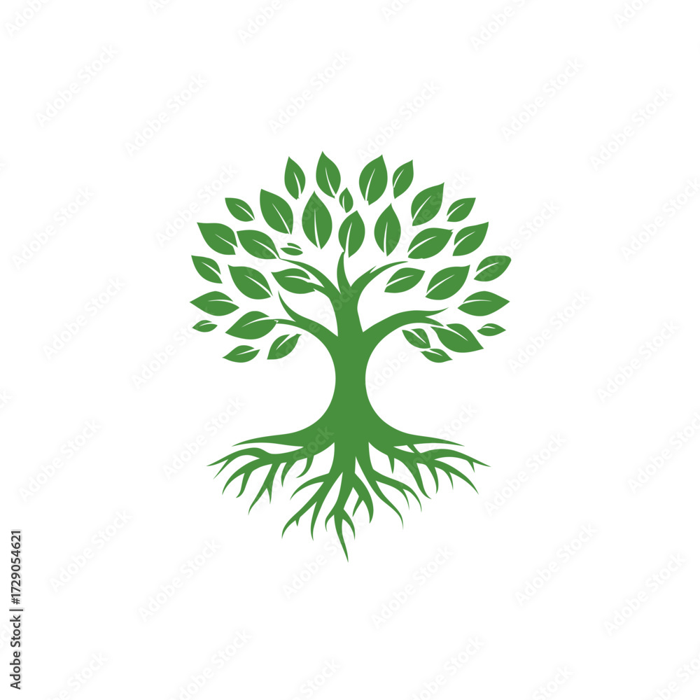 Obraz premium A stylized illustration depicts a green tree with a full canopy, trunk, and extensive roots