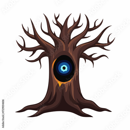 Enchanted leafless tree with a magical all-seeing eye amulet inside its hollow trunk, a mystical vector illustration