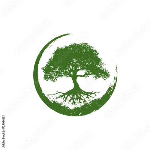 A stylized green tree with visible roots, enclosed in a semi-circle, represents nature
