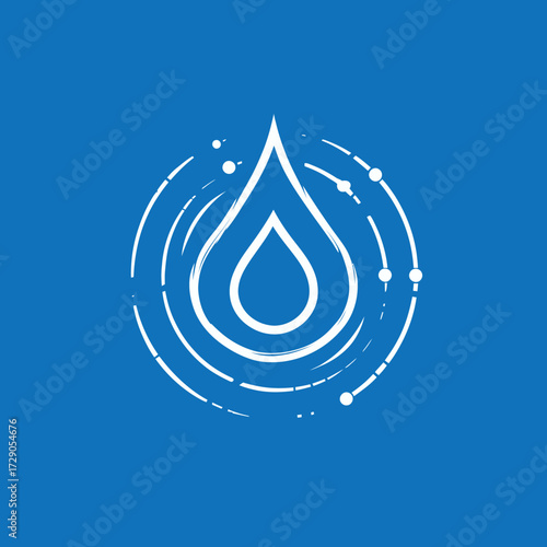A clean, white water droplet icon, concentric circles and dots, on a solid blue background