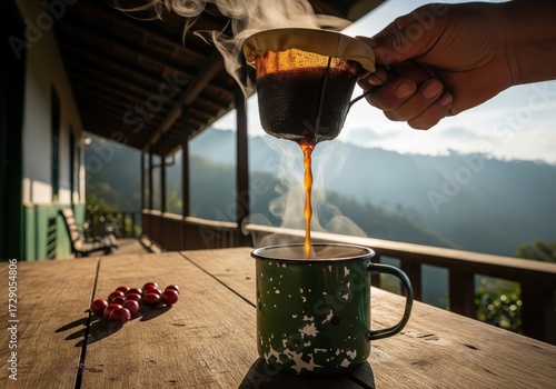 Brewing coffee with a cloth filter sock on a rustic porch with a beautiful mountain view
