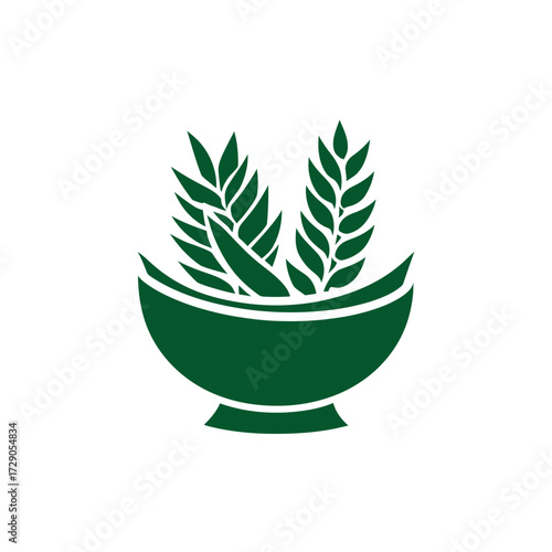 Illustration of green wheat stalks emerging from a green bowl against a plain white background