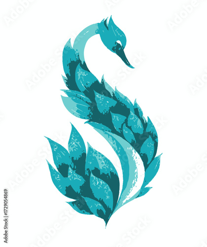 A stylized swan formed from abstract blue-green shapes, with a textured, almost painted appearance