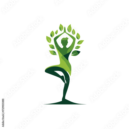 Tree Pose A green silhouette figure in tree pose with leaves around their head