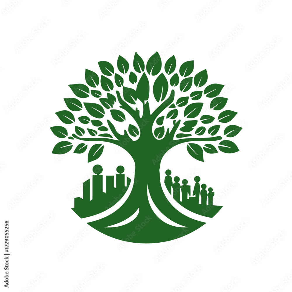 Obraz premium Verdant tree with cityscape & people, on a white background, green color