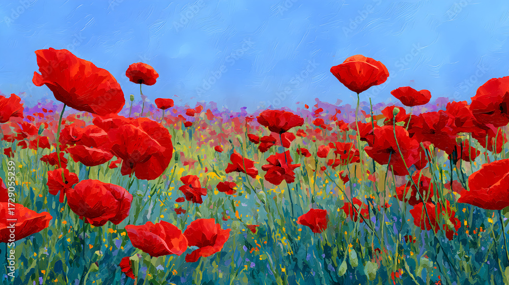 Obraz premium Vibrant oil painting of a field of red poppies under a bright blue sky, impressionist style