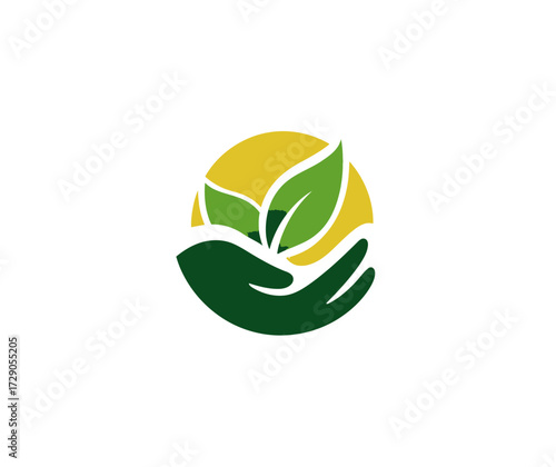 A stylized graphic presents a hand cradling leaves, set against a yellow circle on a white background