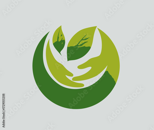 A logo with green hands cradling green leaves within a green circular shape against a light grey background