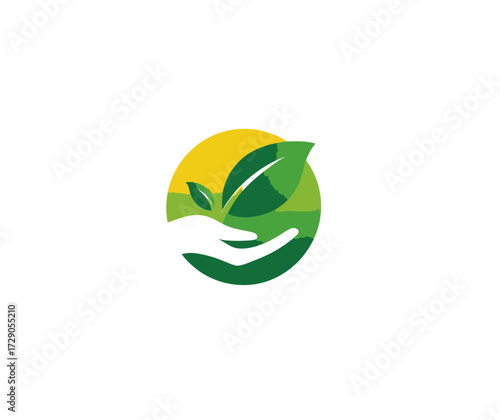 A colorful eco-friendly logo featuring a hand cradling a plant in a round design