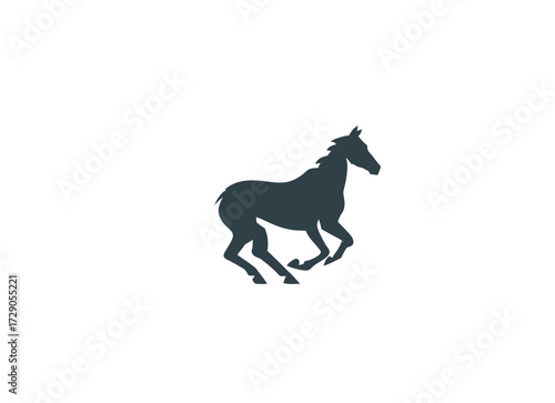 A simple silhouetted graphic of a horse in mid-stride, galloping across a white background