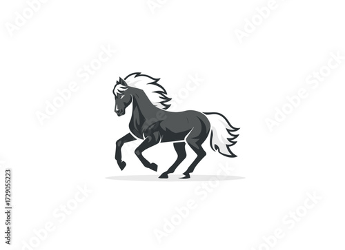 A stylized equine illustration in monochrome tones, prancing with raised forelegs and flowing mane/tail