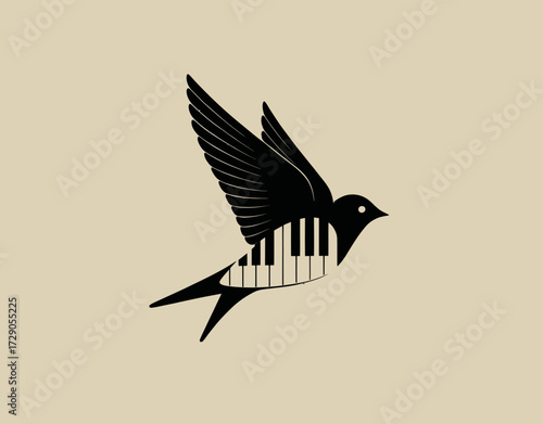 Black bird with piano keys inset in its body, flying to the right in tan background