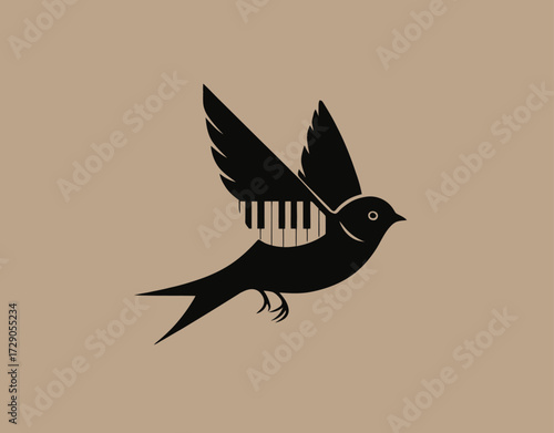 Silhouette of a bird with piano keys for wings, in black against a tan background