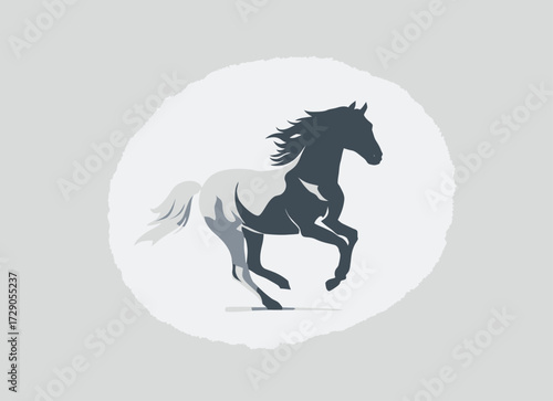 A grayscale image of a running horse silhouette inside a soft white circle, set on a gray backdrop