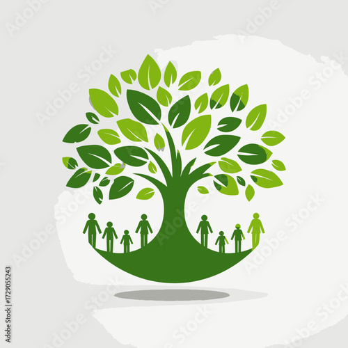 Green tree with family figures at base. Symbol of growth, community, and generations
