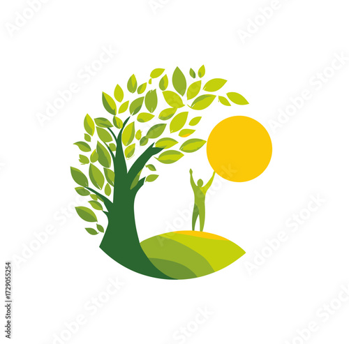 Tree, sun, and figure graphic depicting hope and growth on grassy hills