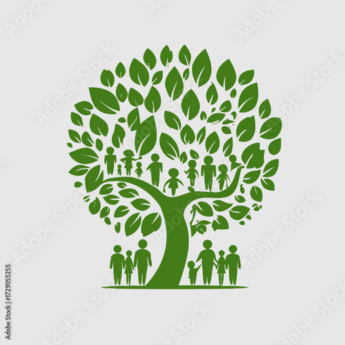 Green family tree. Leaves and people form it in unity on grey backdrop