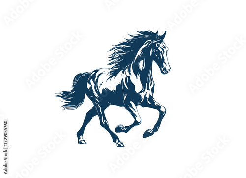 A silhouette of a horse running, with flowing mane and tail, against a stark white background