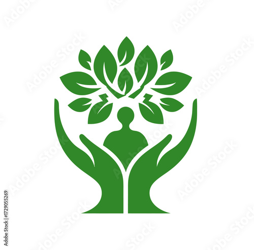 A symbolic image of a human silhouette embraced by hands, with leaves above, all in green on white