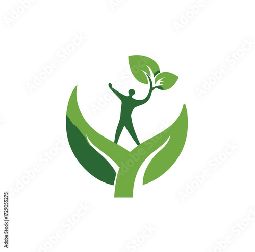 A figure stands on leaves, holding more, symbolizing growth, nature, and connection