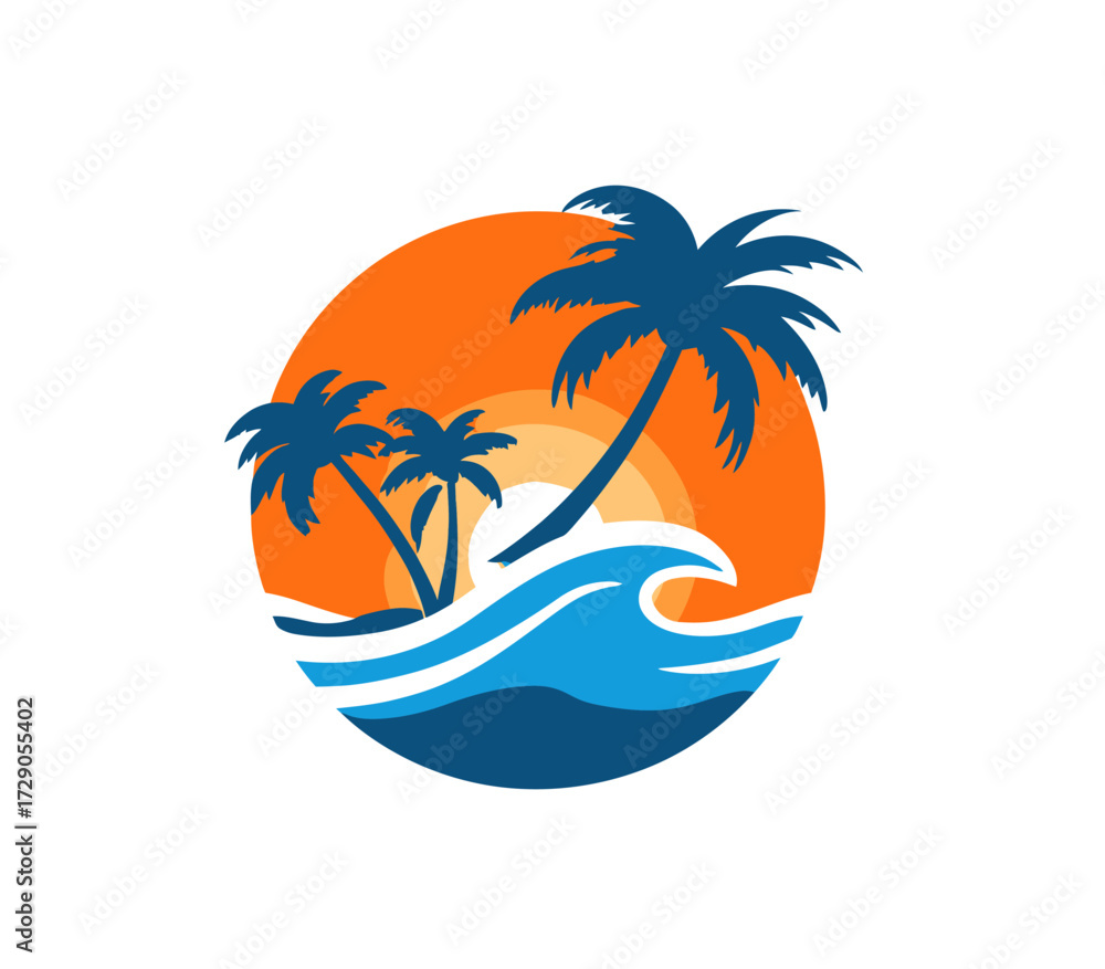 Fototapeta premium Tropical Paradise Palm trees silhouette against a sunset, above ocean waves