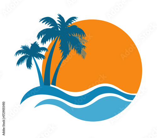 A simple beach scene design, orange sun behind palm trees on a blue island with waves below