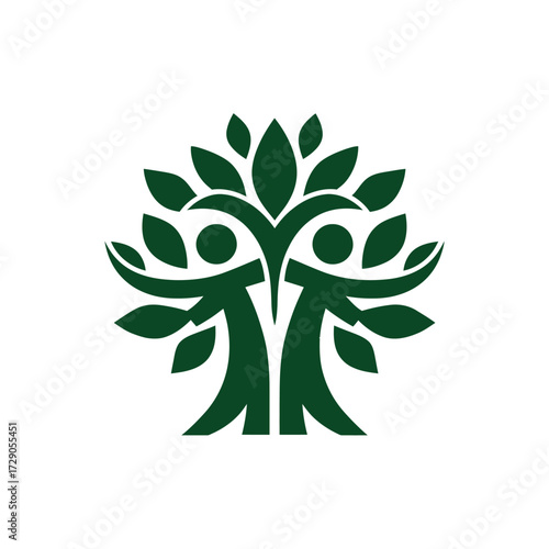 A stylized representation of two figures forming a tree, featuring leaves and a crown