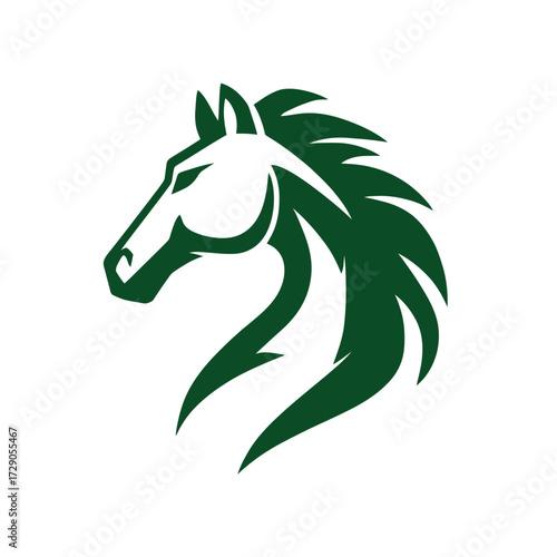 A stylized equine silhouette in emerald green, featuring a flowing mane and a graceful head