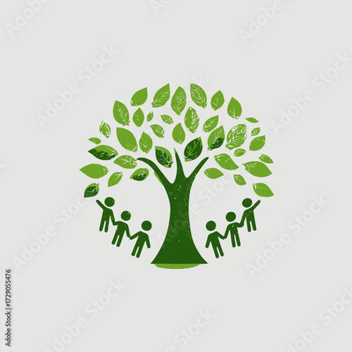 An abstract depiction of community; green tree with leaves, people standing in a circle around it