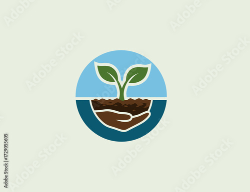 A vibrant vector illustration depicts a seedling in soil, cradled by a hand, enclosed within a circle