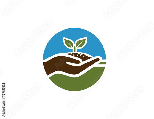 A colorful illustration depicts a hand cradling a sprout inside a circle with sky and field elements