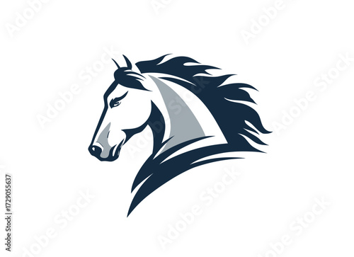 A stylized illustration of a horse's head in profile, featuring flowing mane and bold coloration