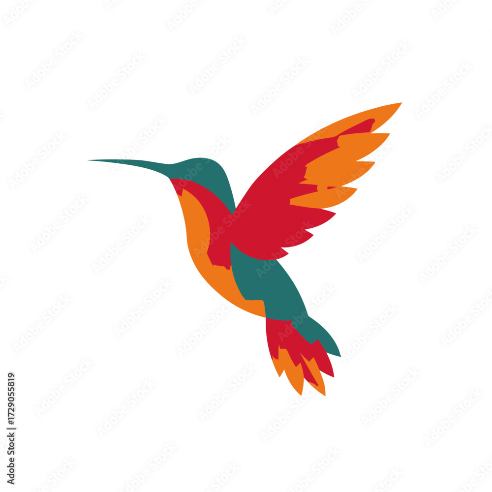 Obraz premium A colorful hummingbird silhouette in flight, composed of flat geometric shapes against a white background