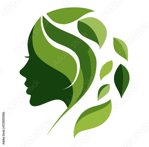 A female profile is portrayed with greenery. Her hair is made up of leaves in varying shades of green