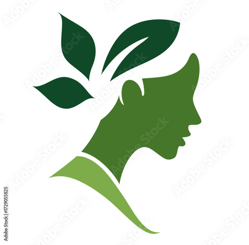 A green silhouette of a woman with leaves adorning her head, set against a white background