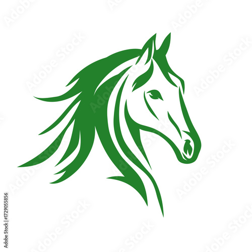 A stylized green horse head illustration on white. It features a sleek mane and a detailed facial outline