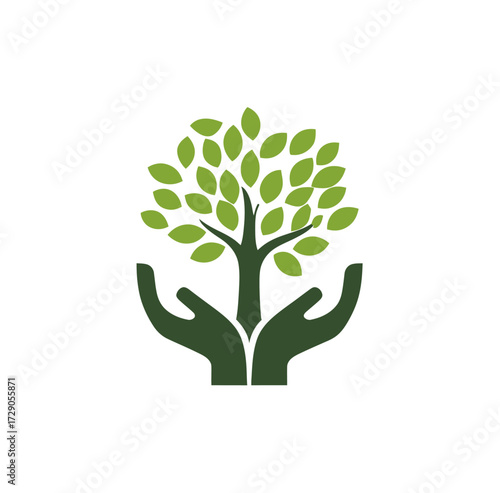 A green tree with leaves, held by two hands on a white background, symbolizing nature