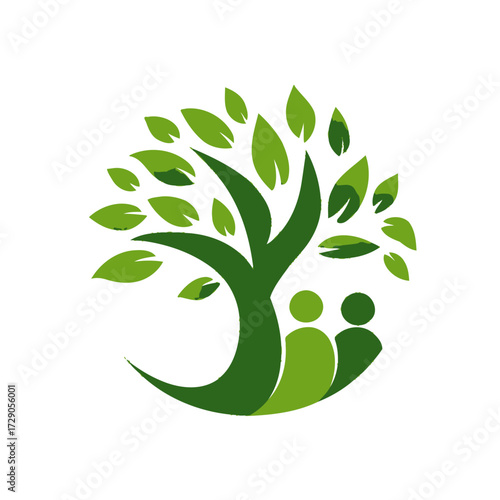A symbolic design featuring a stylized tree with leaves, and two human figures, all in various shades of green